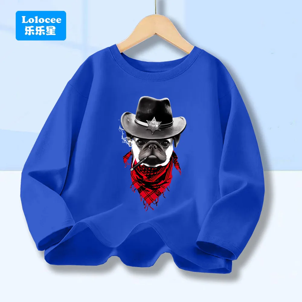Cowboy Mops Hund Lustige Western T-shirt Cartoon Mops Cowboy Druck Langarm T-shirt Für Jungen Baumwolle T Shirt Tops GNZ1