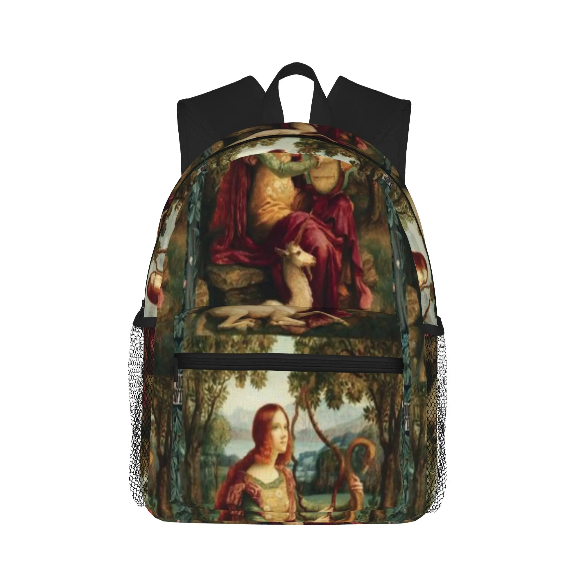 UNICORN AND LADY PLAYING LYRA  FOREST ANIMALS  FOX  DOES IN GREEN FLORAL  Casual Backpack for Students and Adults Backpacks
