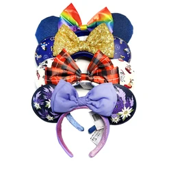 Disney Mickey Ears Headband for Women Shanghai Disneyland Minnie Leather Hairband with Sequin Bow Party Hair Accessories