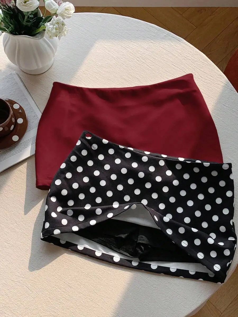 

Womens Mini Bodycon Skirt Burgundy Woven Or Black Polka Dot Skort With Zipper