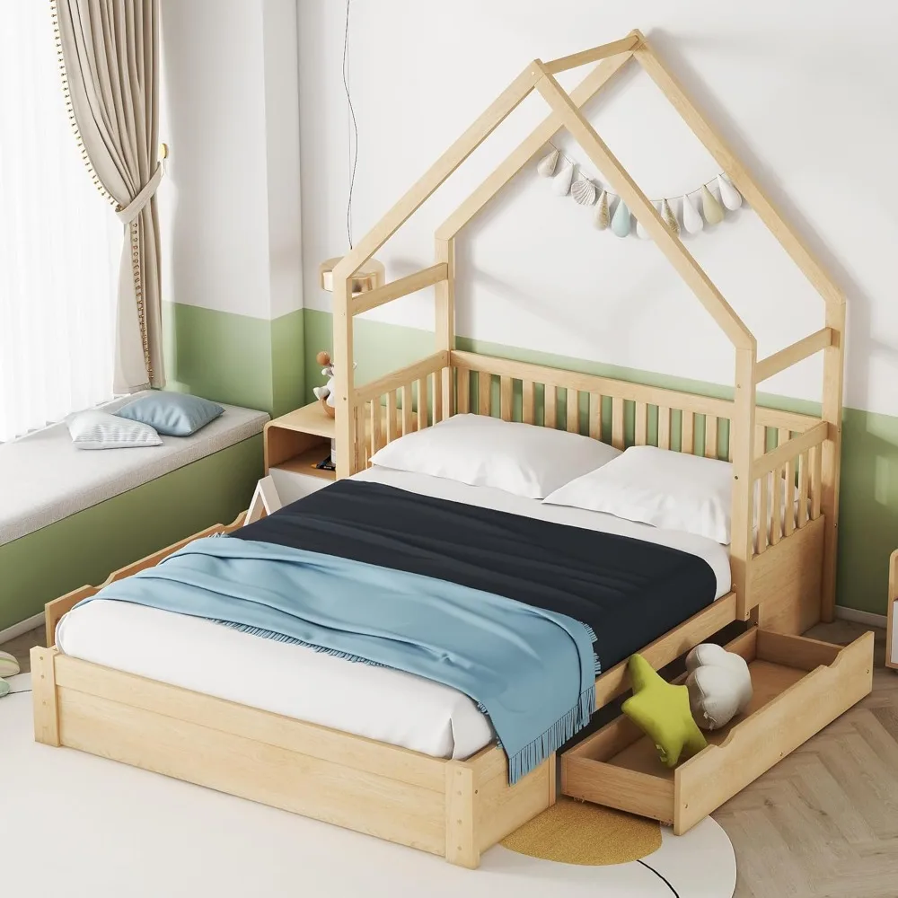 Child's Bed with House-Shape Roof,Headboard and 2 Drawers,Queen Size Floor Platform Bed Frame for Teens, Child's Cot