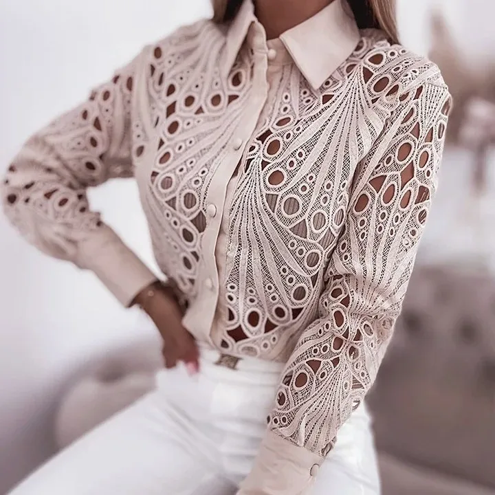 2025 Women\'s Shirts & Blouses Elegant Sexy Hollow Out Turn Down Neck Solid Blouse Camisas De Mujer White Lace Shirt Women