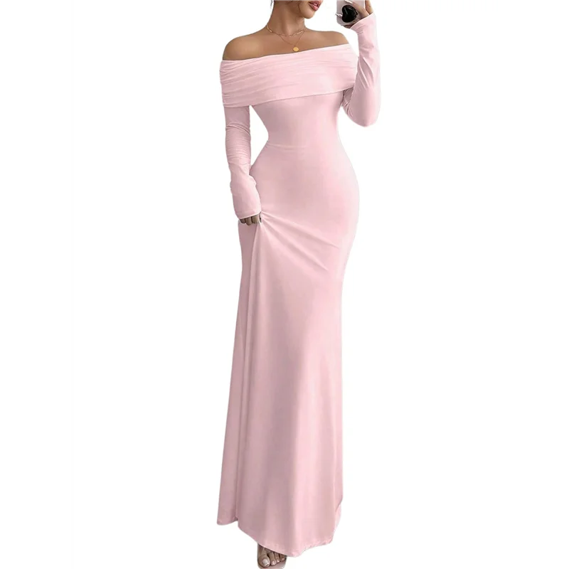 CYL-Damska sukienka maxi z długim rękawem, odkrywająca ramiona, dopasowana, elegancka, na koktajl, studniówkę