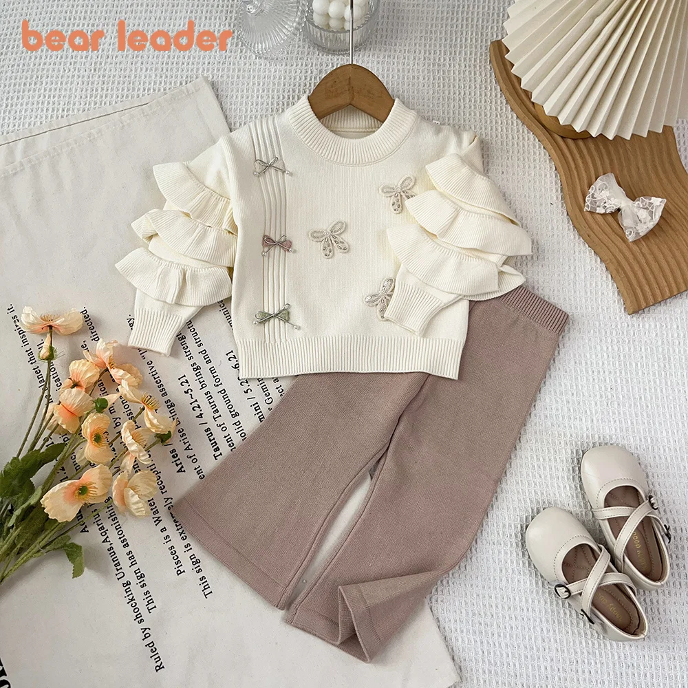 Bear Leader 2-6 Years Old Fashion Patchwork Long Sleeved Girls Clothes Autumn and Winter Knitted Sweater Top+Micro Flared Pants