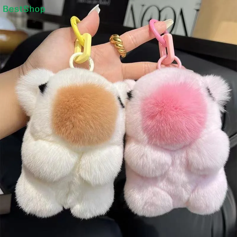 ☭Cute Fluffy Capybara Keychain,Plush Faux Fur Bag Charm with Colorful Chain,Kawaii Animal Key Ring