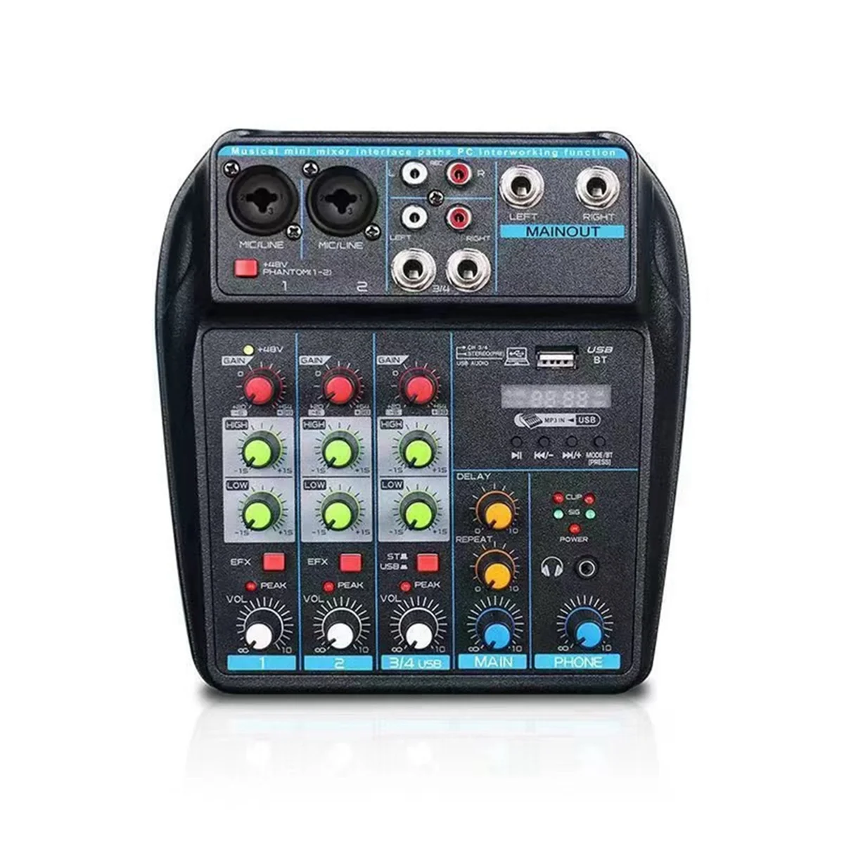 A04R-Professional 4-Channel USB Audio Mixer Console with Bluetooth, Recording Capabilities for DJs and PC Mixing