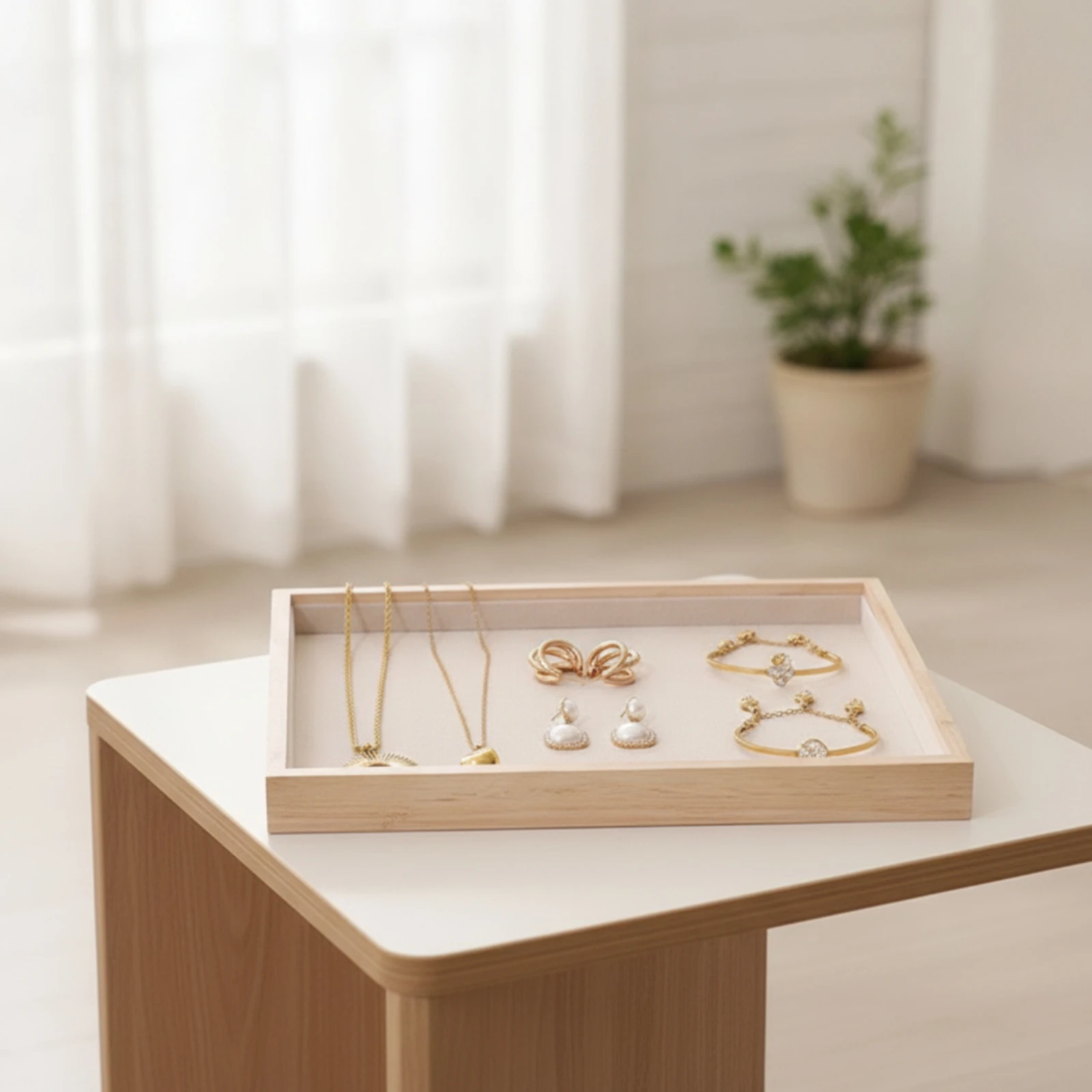 Jewelry Display Tray Cloth-linedLined Jewelry Tray with Wood Frame Organizer Rectangular Shallow for Jewelers, Retail Countertop