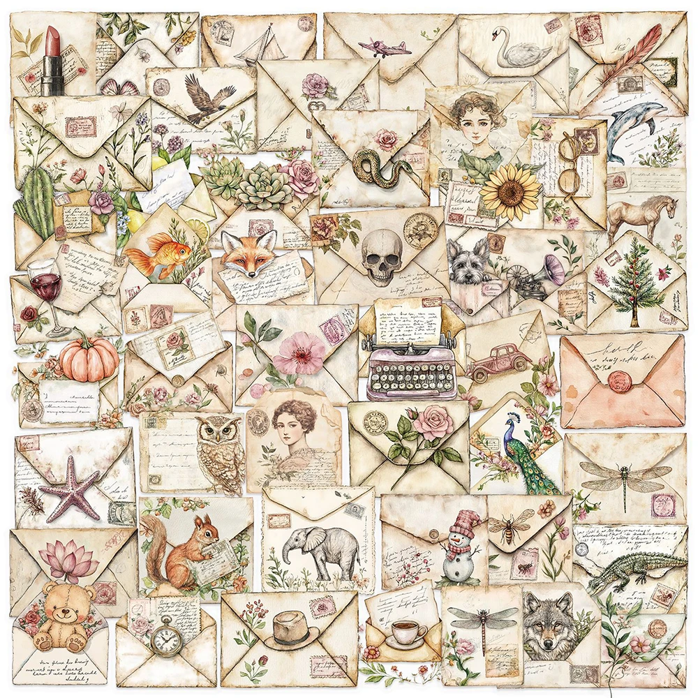 10/30/50pcs Cartoon Plant Animal Envelope Stickers Transparent Vintage Aesthetic Sticker Laptop Suitcase Phone Decals Toy Gift