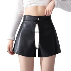 Invisible crotch open pants Womens Casual Faux Leather Shorts High Waisted Wide Leg Shorts femme Flare PU Shorts Black