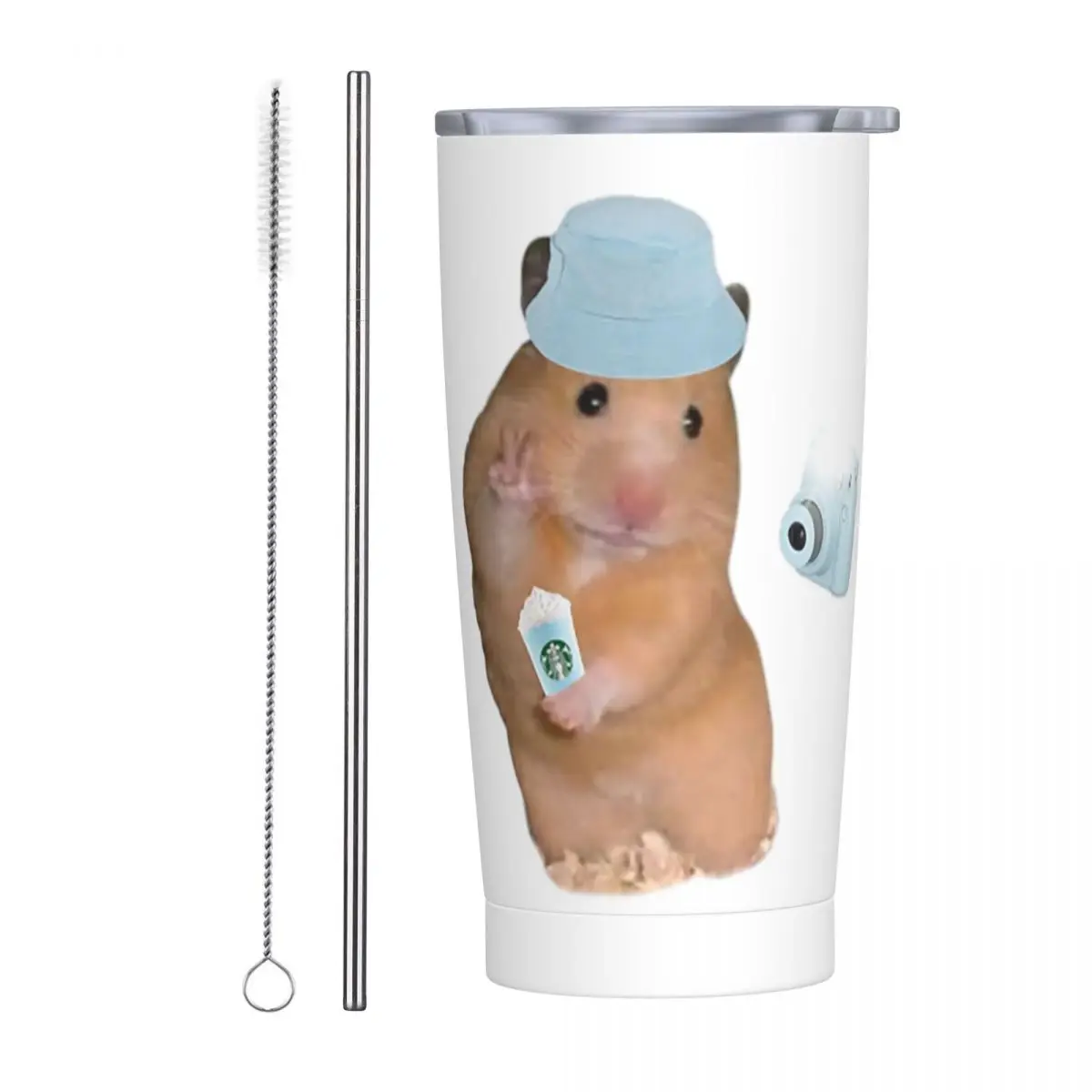 Peace Sign Hamster Meme With Camera Stainless Steel Tumbler Vacuum Insulated Mugs Thermal Cold Cup Straws With Lid 20oz