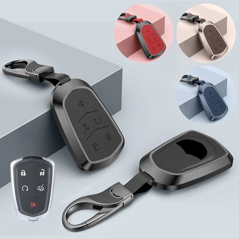 

Aluminum Alloy Leather Car Remote Smart Key Fob Case Cover Bag With Keychain For Cadillac Escalade CTS CT6 XTS XT5 SRX ATS ATX