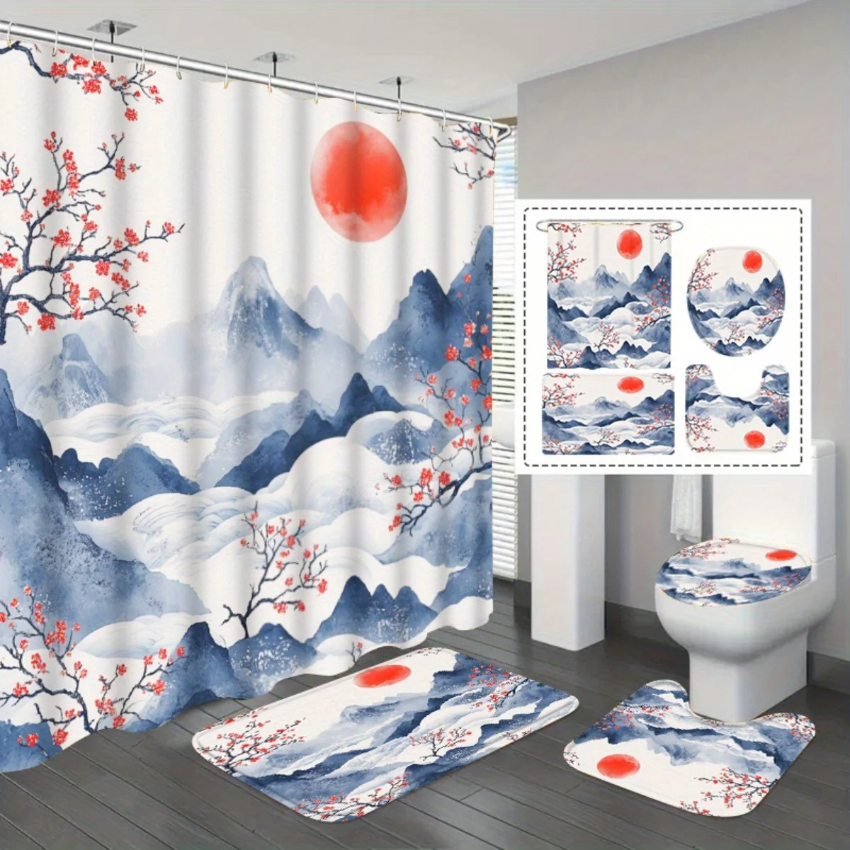 

Japanese Watercolor Mountain Bathroom Set - 4-Piece Shower Curtain + Rugs + Toilet Cover Kit, Zen Style Bathroom Decor