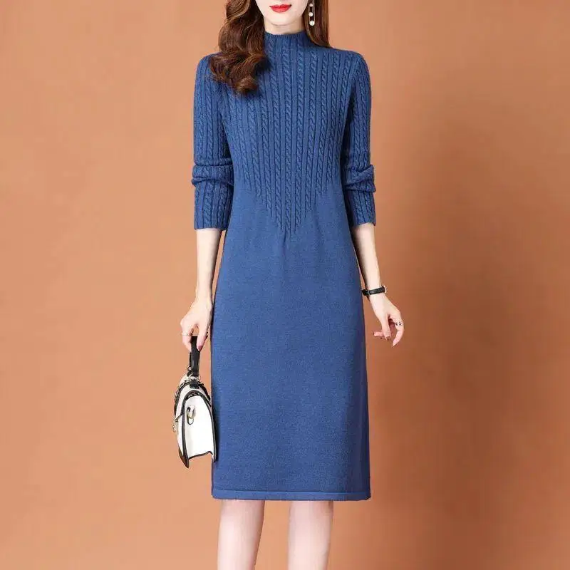 High End New Pullovers Half Turtleneck Long Sleeve Knitwear Middle-Long Bottoming Dress Autumn Winter Warm Knitted Sweater Women