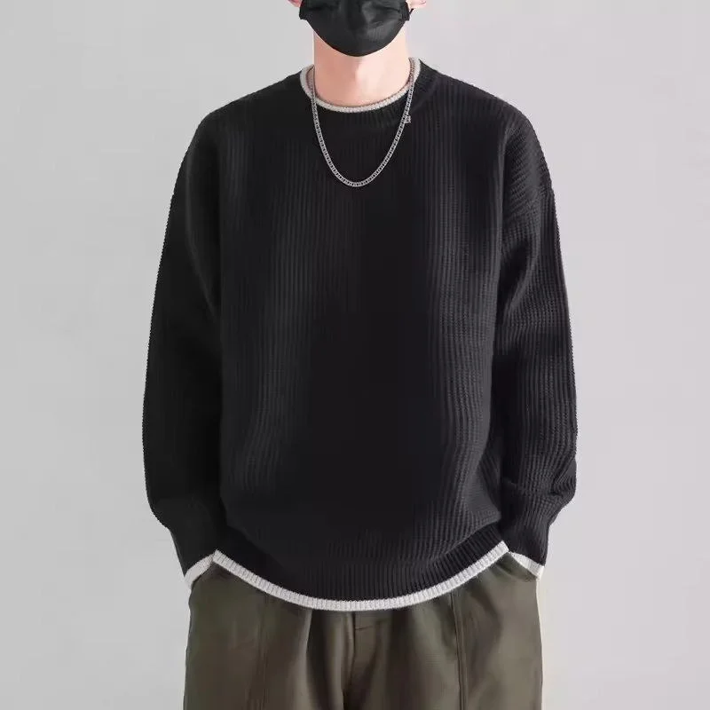 

Японский свитшот из плотной ткани с длинным рукавом для мужчин, весна-осень, модный, свободный, с круглым вырезом, вязаный, для подростков, имитация твида