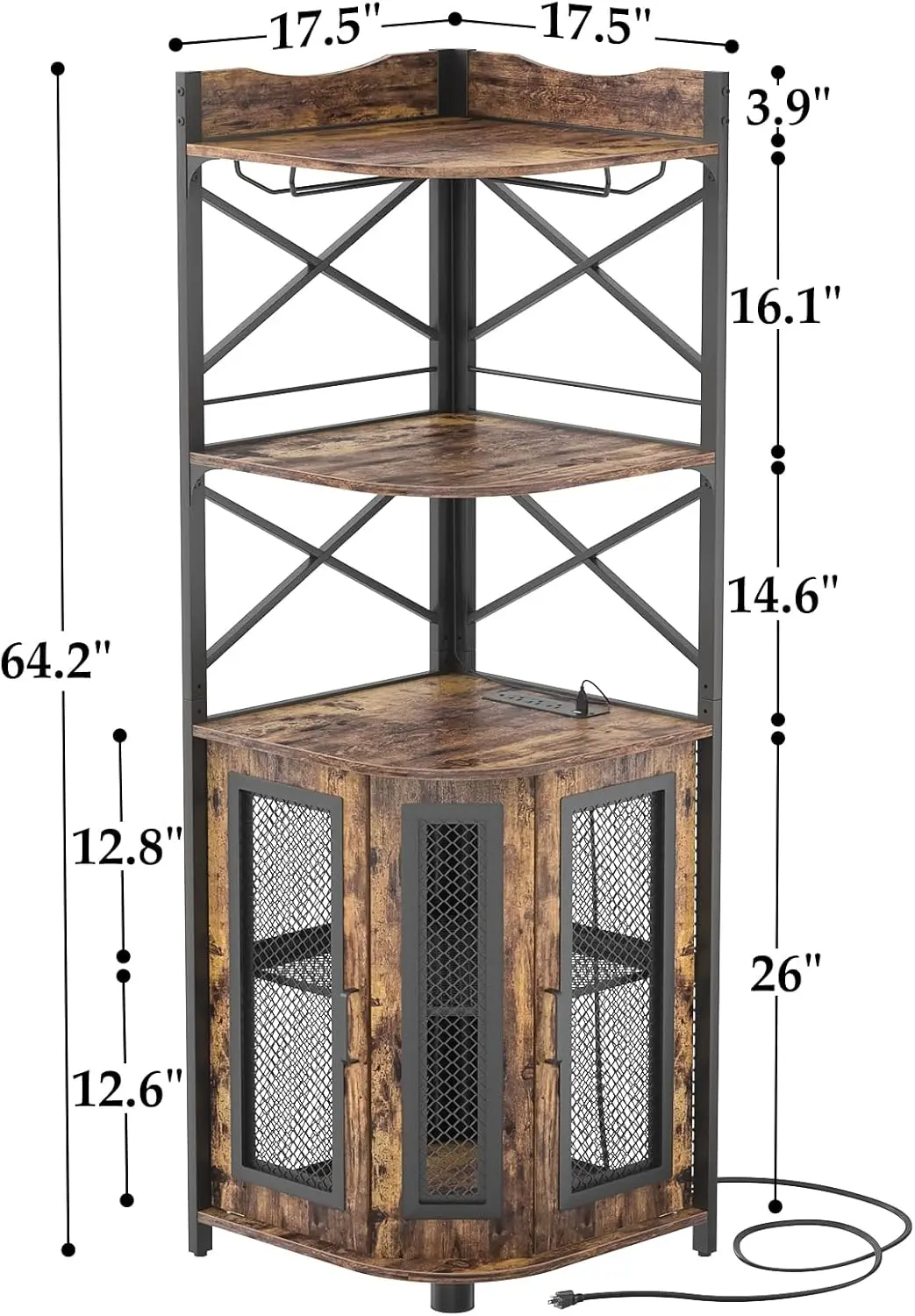 Aheaplus Canto Bar Armário com Power Outlet, Industrial Wine Cabinet com LED Strip e Suporte de Vidro, 5 Tiers Liquor Cabinet