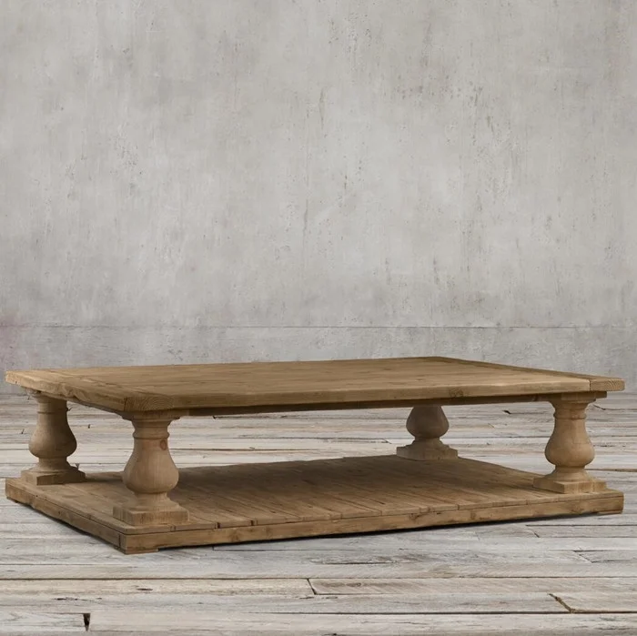 リビングルーム家具 古いアンティークの手すり 古材オーク材のコーヒーテーブル