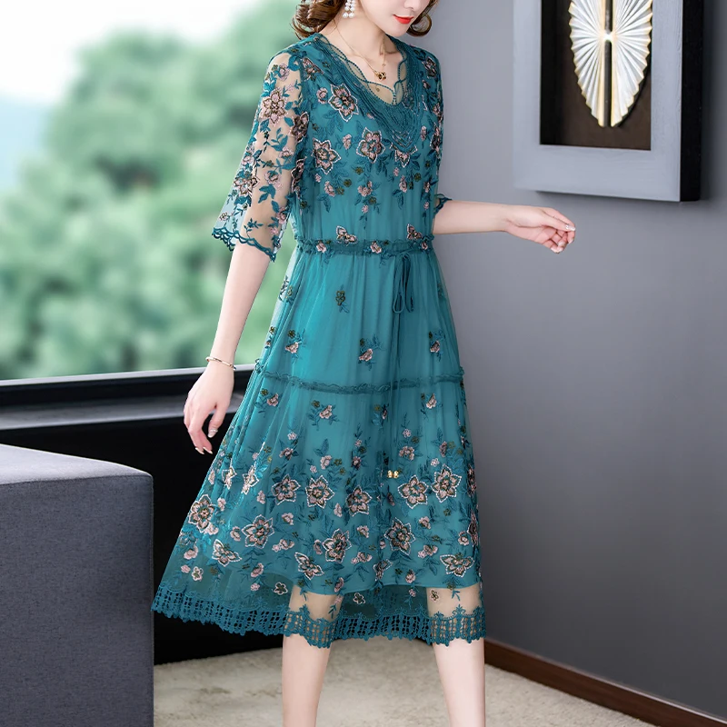 2024Luxury High Quality Organza Embroidery Maxi Dress Summer Vintage Floral Elegant Midi Dress Women Black Loose Evening Robe