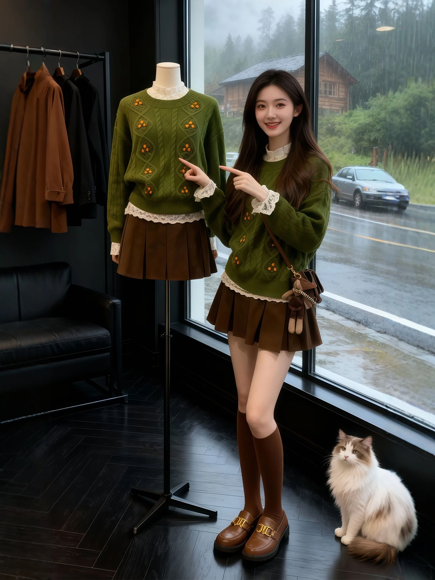 

Green Knitted Sweater And Pleated Skirt Set for plus Size Women Winter Fashion Three Piece Ensemble High Waist Vintage S...