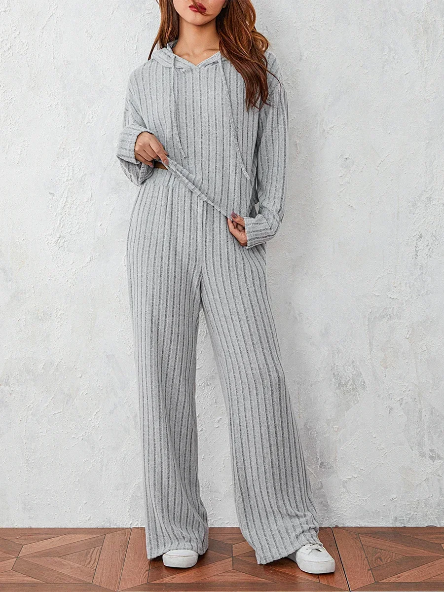 Ribbed casual wear set, long sleeved V-neck 2-piece set, sportswear, pajamas, casual wear