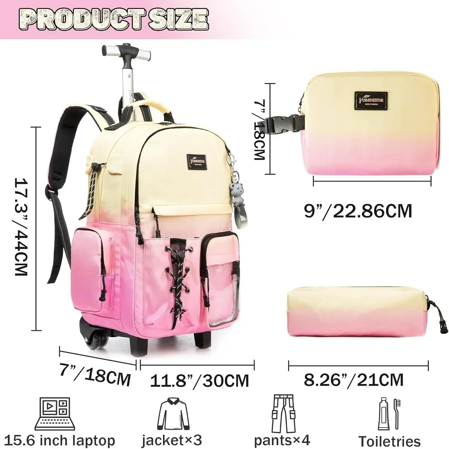 School Bags for Girls with Wheels Trolley 3 Pcs for Teens Boys Rolling Backpack Set with Lunch Bag Carry on Luggage with Roller