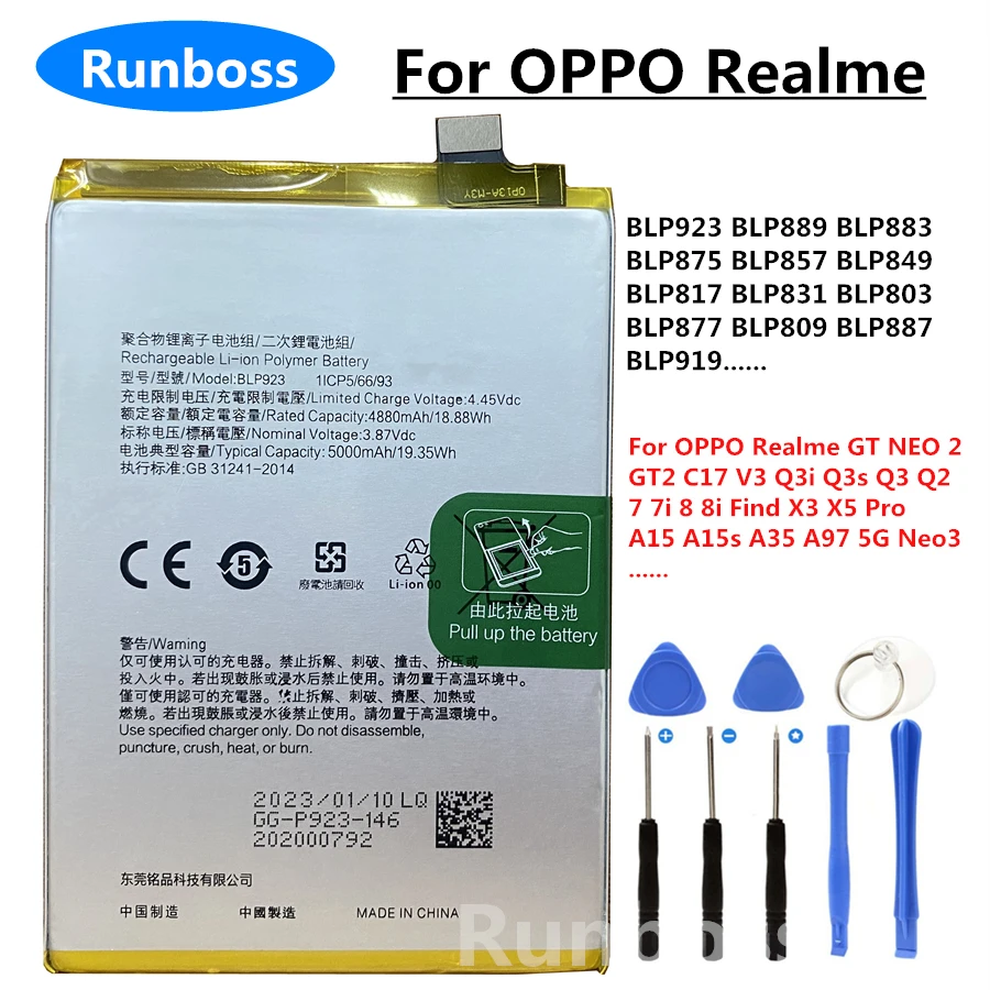 Originale BLP809 BLP887 per OPPO Realme GT NEO 2 3 GT2 C17 V3 Q3i Q3s Q3 Q2 7 7i 8 8i trova X3 X5 Pro A15 A15s A35 A97 5G batteria