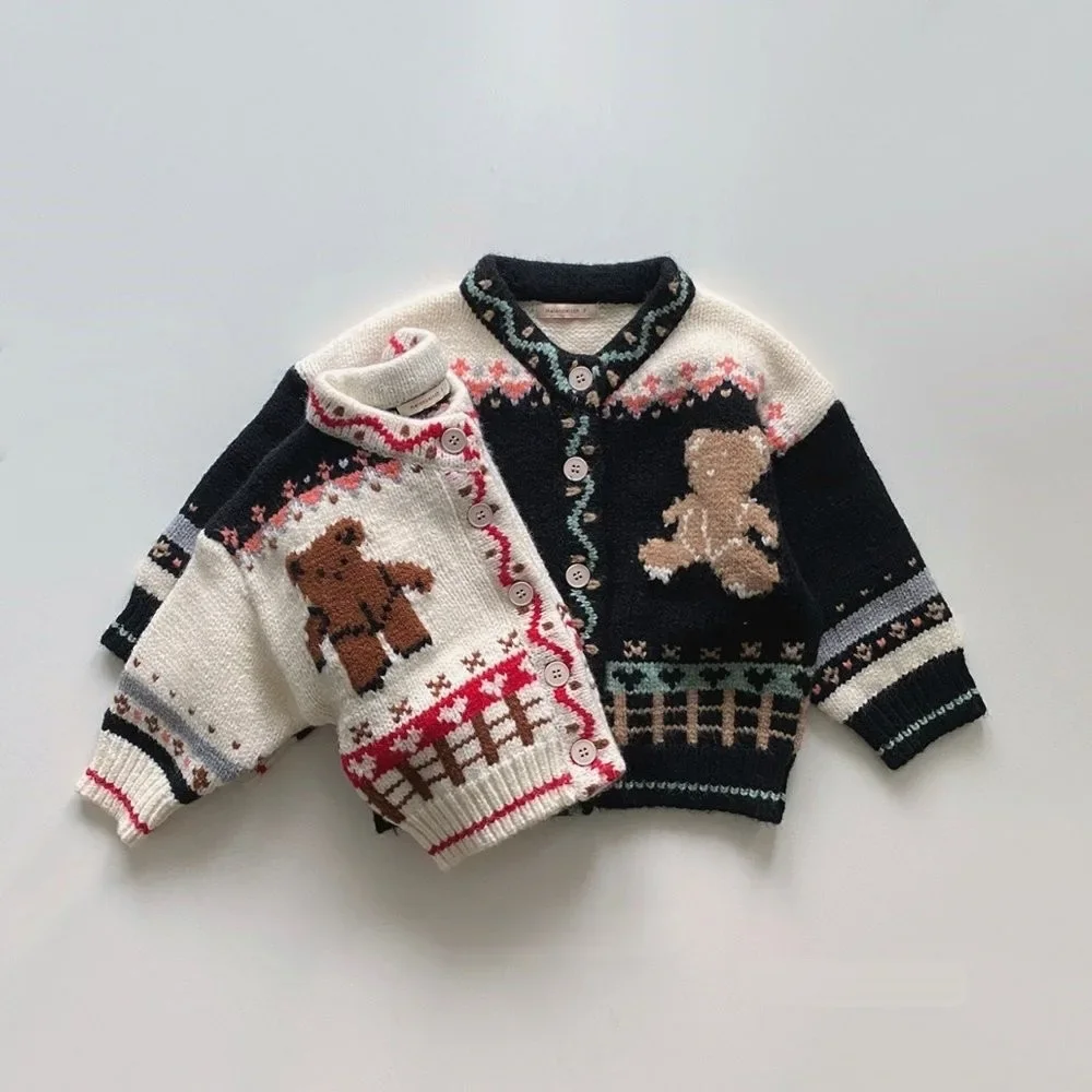 3797C Ins Korean Children Knitted Sweater Autumn Winter Cotton Soft Fashion Bear Knitted Boy's Cardigan Girl Sweater Coat