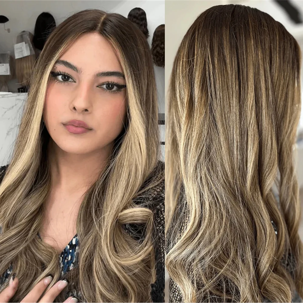 

Натуральный темно-русый с золотистыми прядями синтетический парик с кружевной передней частью, без клея, из термостойкого волокна, имитирующий человеческие волосы, для женщин