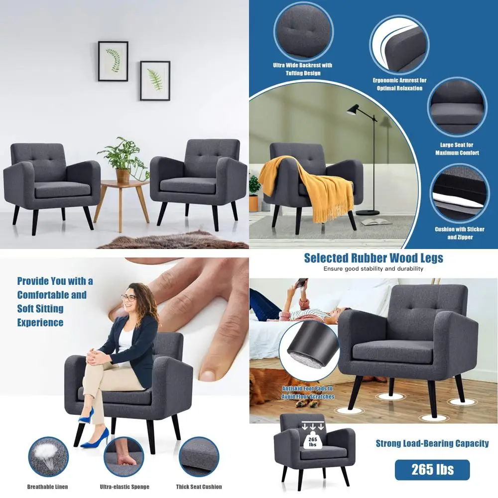 

Upholstered Accent Chair Set of 2, Modern Mid-Century Linen Living Room Chairs with Arms, Max Load 265 Lbs, Comfortable