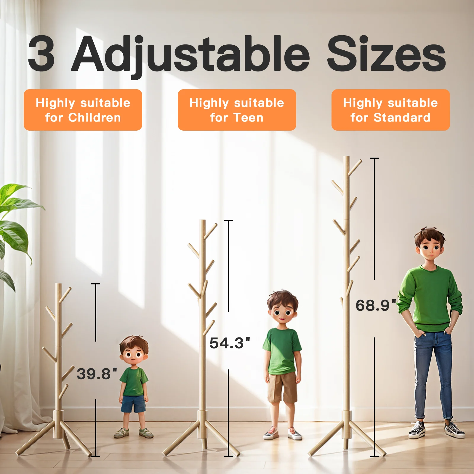 Solid Wooden Coat Rack Freestanding, Hall Tree with 8 Hooks, 3 Height Options for Coats, Hats, Handbags, and Scarves, Tool-Free Assembly, Space Saving Design for Entryway, Office, Bedroom
