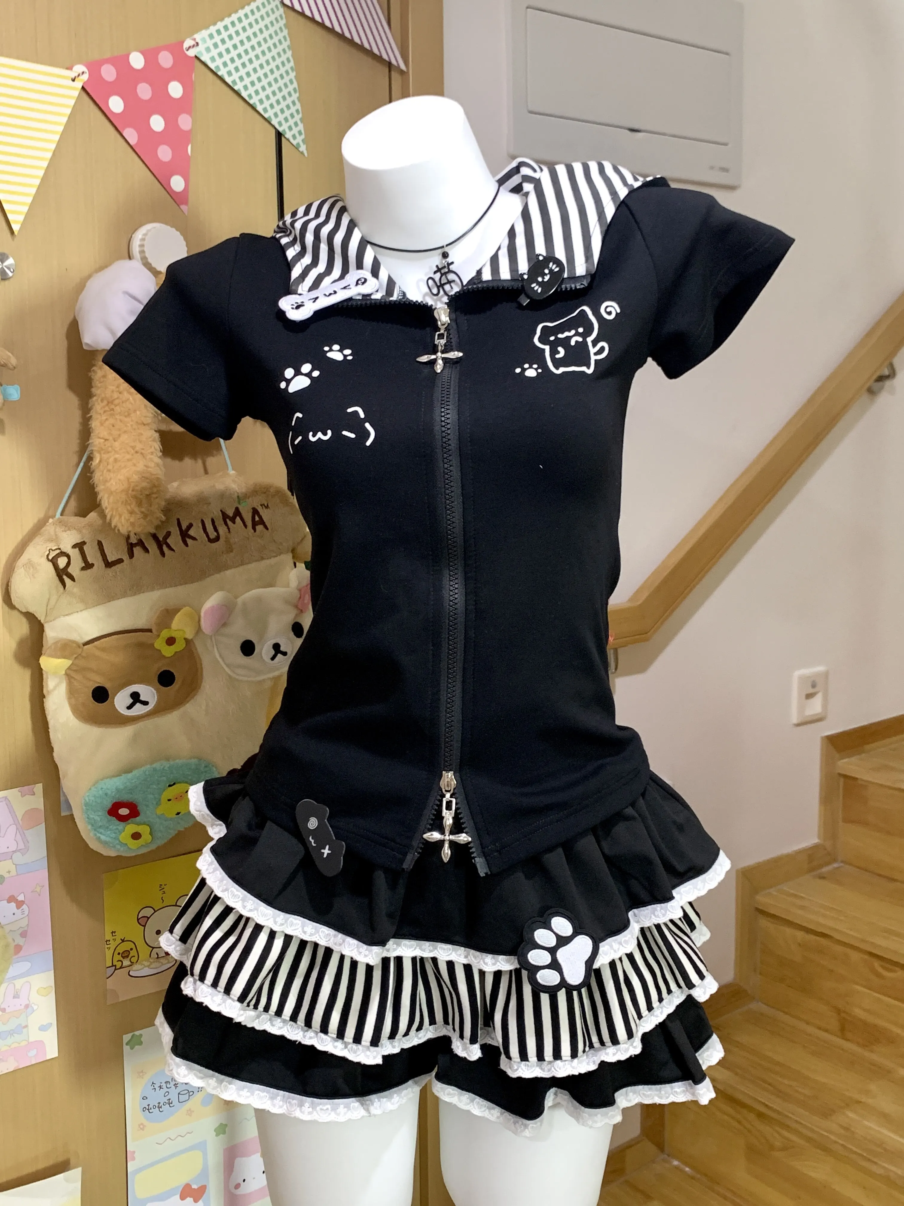 Cute Cat Print Zip-Up Hoodie Soft Girl Cute Printed Short Sleeve Slim Waist Cat Ear Short Sleeve Top and Skirt Sold Separately
