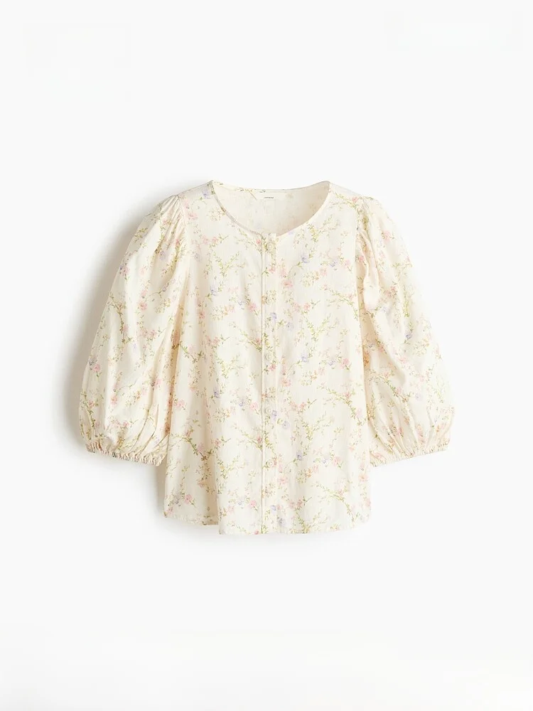 

H&M Spring New Women's Linen Blend irt Casual Sle Slim Fit round Ne Button up Sve Length Seven Full-Length Open Card...