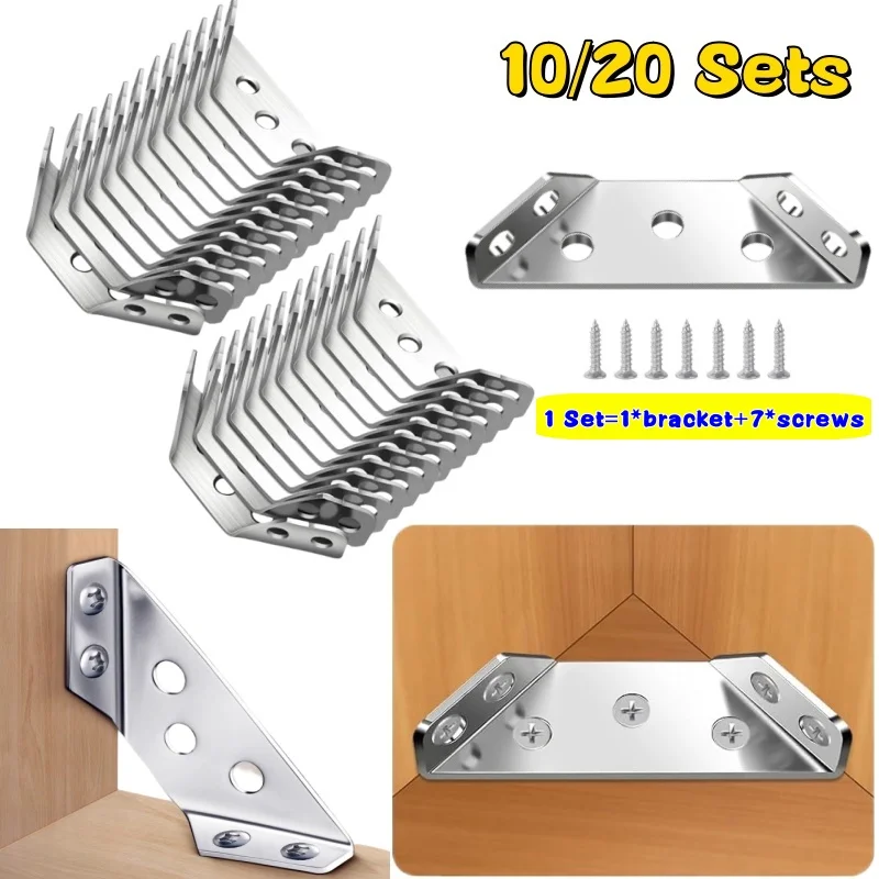 10/20 Set Thicken Stainless Steel Corner Brackets with Screws 90° Right Angle Corner Braces Furniture Fixed Bracket Connectors