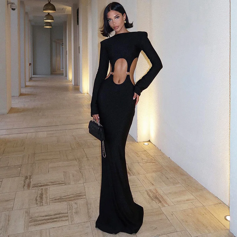 Sexy Cut Out Long Black Dress Woman O-Neck Long Sleeve Mermaid Maxi Dress Elegant Luxury Evening Dress 2024