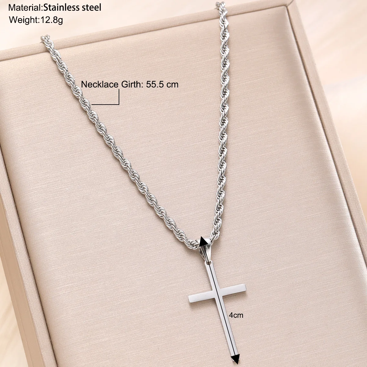Modische Kreuz-Halskette aus Edelstahl für Herren, goldfarbener oder silberfarbener Kreuzanhänger, gedrehte Kettenglieder, Damen-Party-Schmuck. – Detail 6