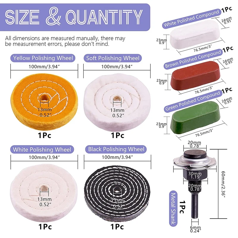 8Pcs 4 Inch Polishing Wheels Pad Denim Wheels With 3Pcs Polishing Compounds And 1/4 Inch Drill Shank For Bench Grinder