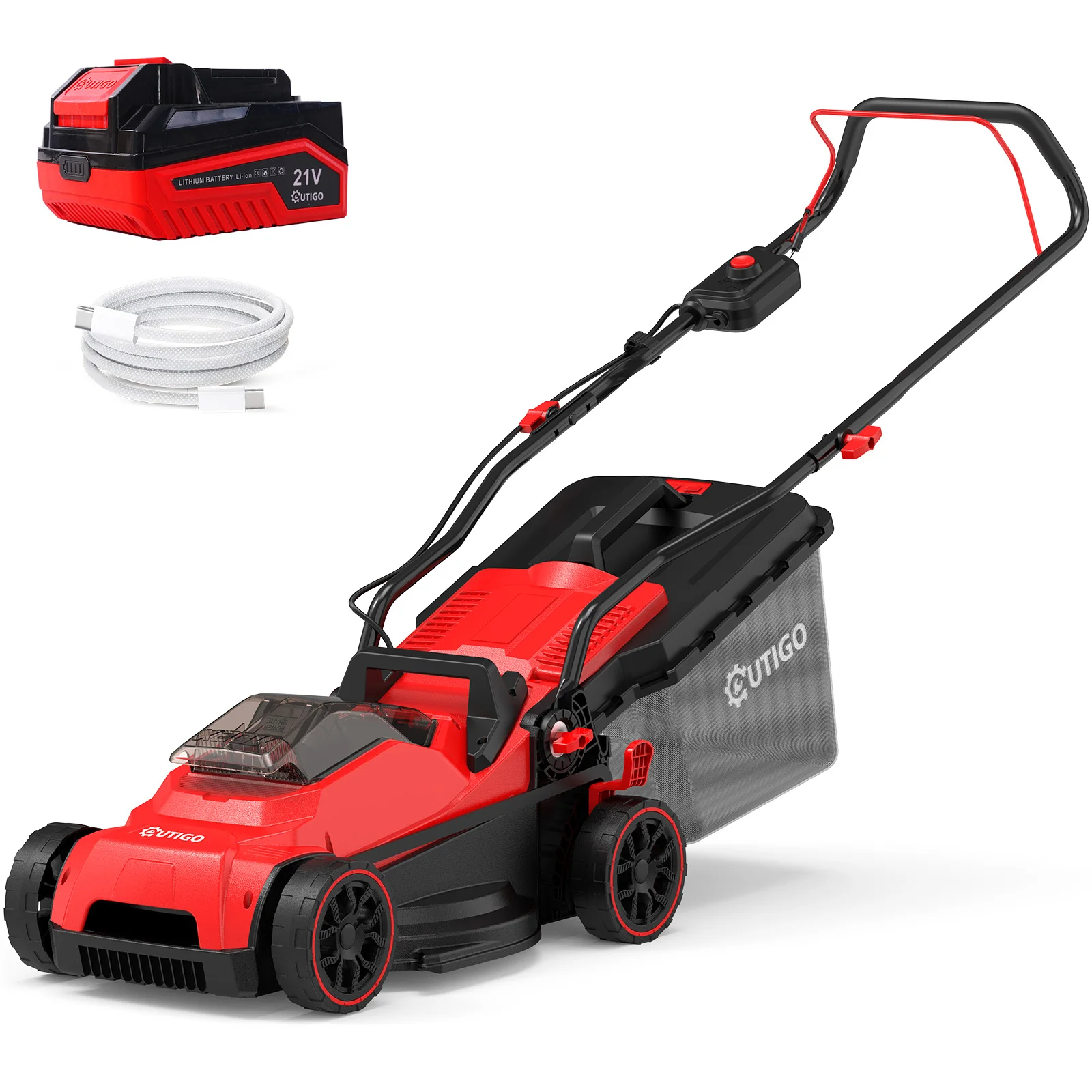 OUTIGO Tondeuse à gazon sans fil 21V pousser manuellement, 5.0Ah, coupe 33cm, bac 32L, hauteur 25-65mm, paillage, jardin ≤250m²