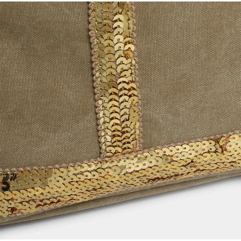 Pailletten-Canvas-Einkaufstasche mit Reißverschluss, große Kapazität, Vintage-Kontrastfarbe, Damen-Umhängetasche, Designer-Pendler-Alltagshandtasche, Schwarz – Detail 6