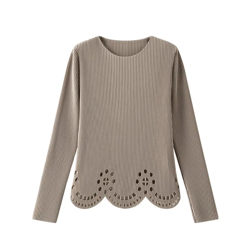 Miyake Pleated T-Shirt Plisse Solid Color 2026 New Unique Design Long Sleeve Hollow Pleats T-Shirt Women's Base Layer Top Autumn