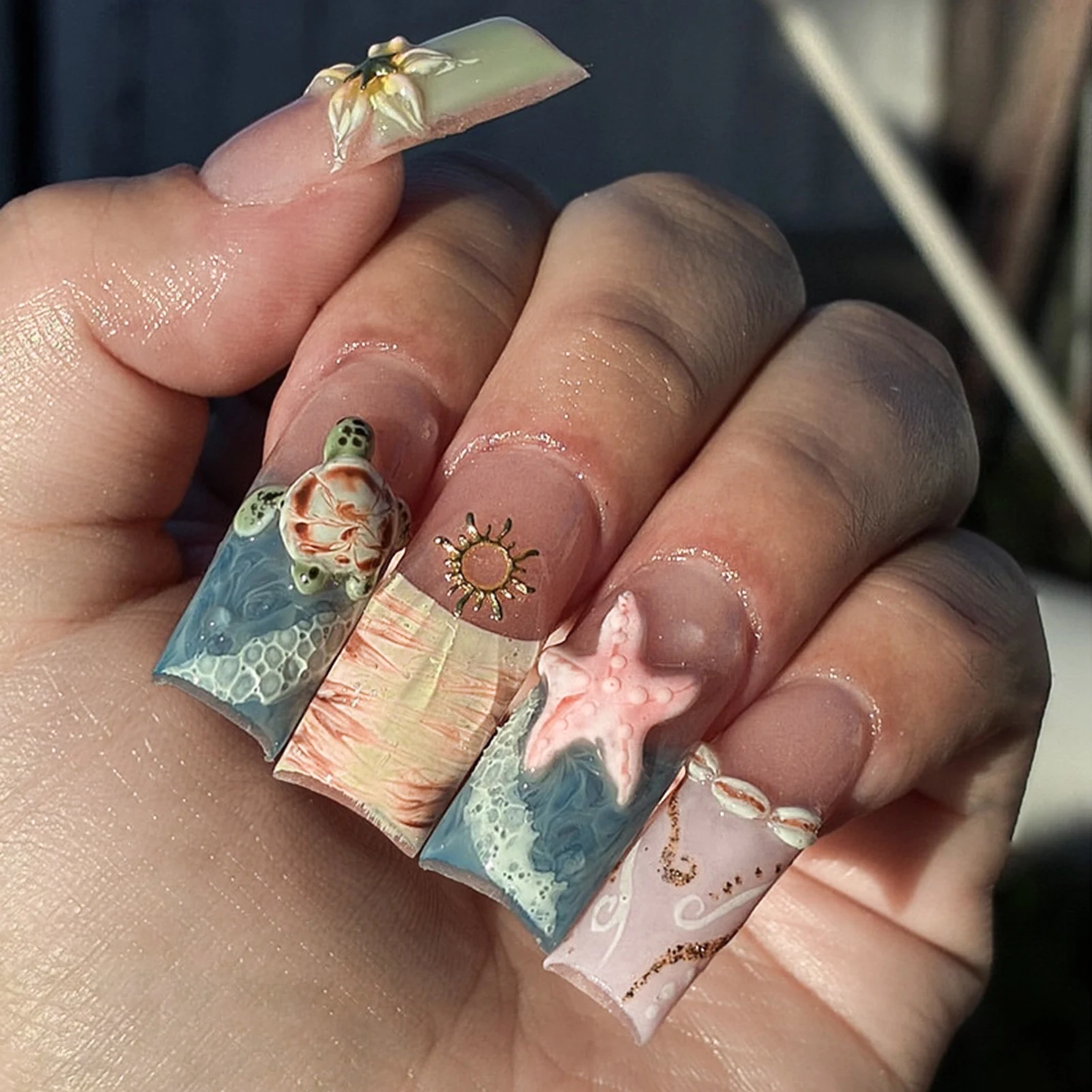 30Pcs 3D Ocean Turtle Starfishes Press On Nails Summer French Style Lon Coffin False Nails Vacation Series Wearable Fake Nail