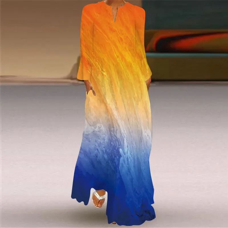 Rainbow Gradient Print Women Dress 2025 New Spring Long Sleeve V-neck Casual Long Dress Woman Elegant Autumn Maxi Dress Big Size