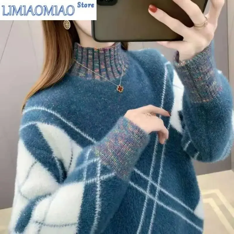

Women Clothing Contrast Color Screw Thread Half High Collar Pullover Long Sleeve Sweater Knitted Autumn Winter Casual Tops
