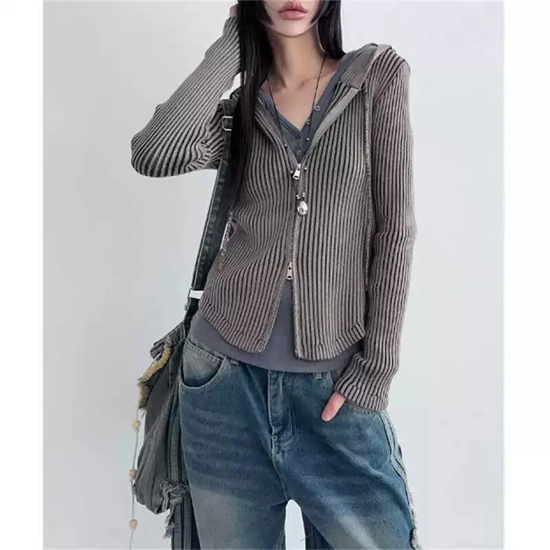 Retro Tie Dye Zipper Hooded Slim Fit Knitwear Sweater Jacket Autumn Winter Japanese Style Four Colors Worn Look Casual Wear