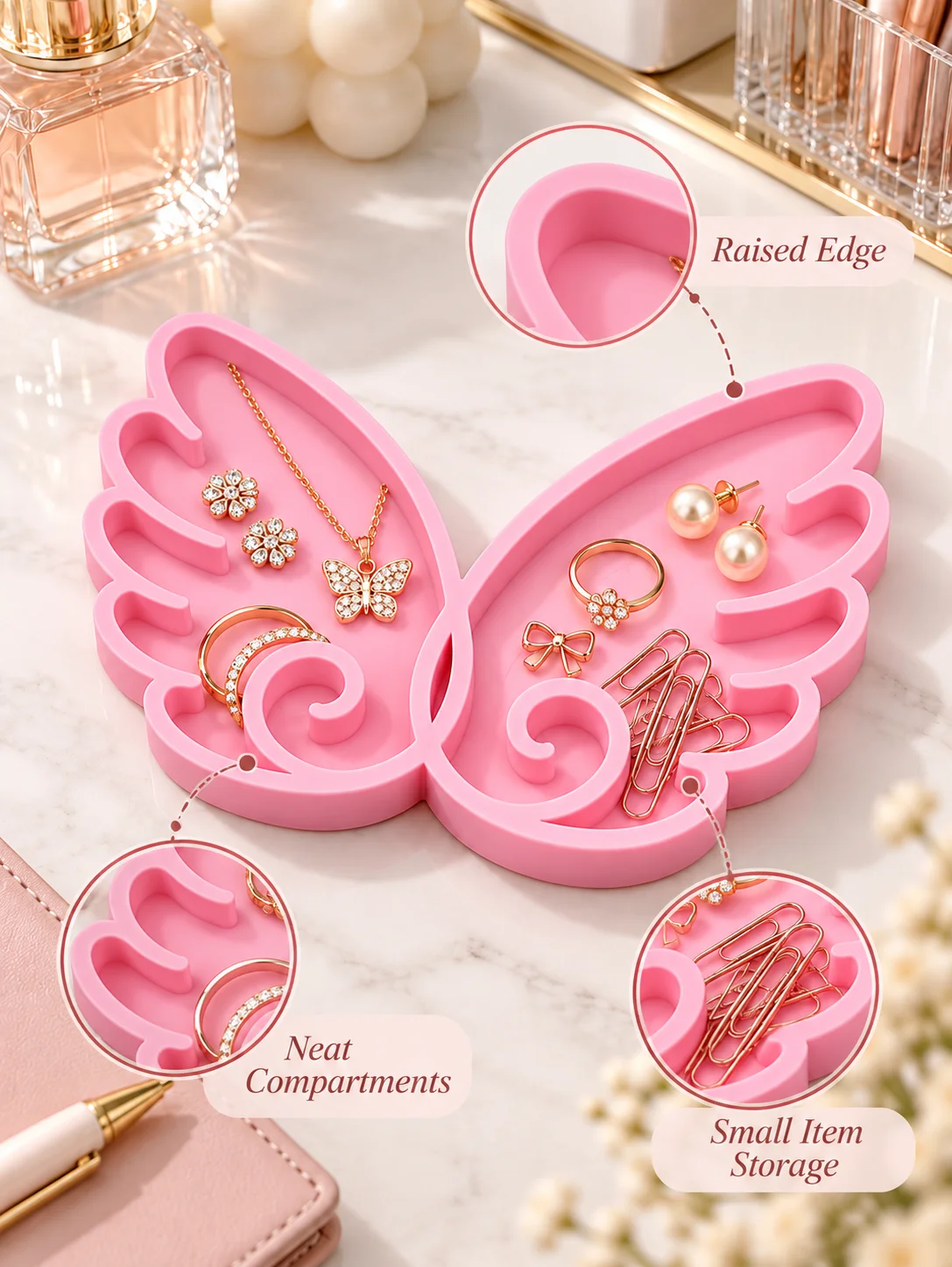 Creative Girly Gift Pink Butterfly Wing Jewelry Tray 3D Printed Petg Angel Wing Storage Dish with Double Compartments, Neat Partitioning and Raised Edges, Ring Earring Hairpin Jewelry Storage Display Stand, Desktop Stationery Paper Clip Storage Box, Dressing Table Decoration Tray, Cute Romantic Style, Compact and Practical, High Aesthetic Value, Gift for Women, Girls, Best Friends, Holiday or Birthday Present