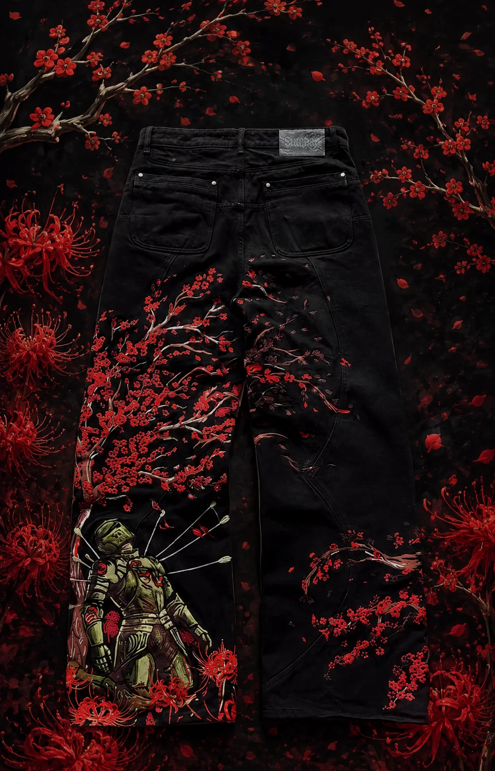 Y2k Vintage Red Spider Lily Fallen Knight Embroidery Jeans Baggy Straight Denim Pants Punk Rivet Cargo Pants Men Clothes Jeans