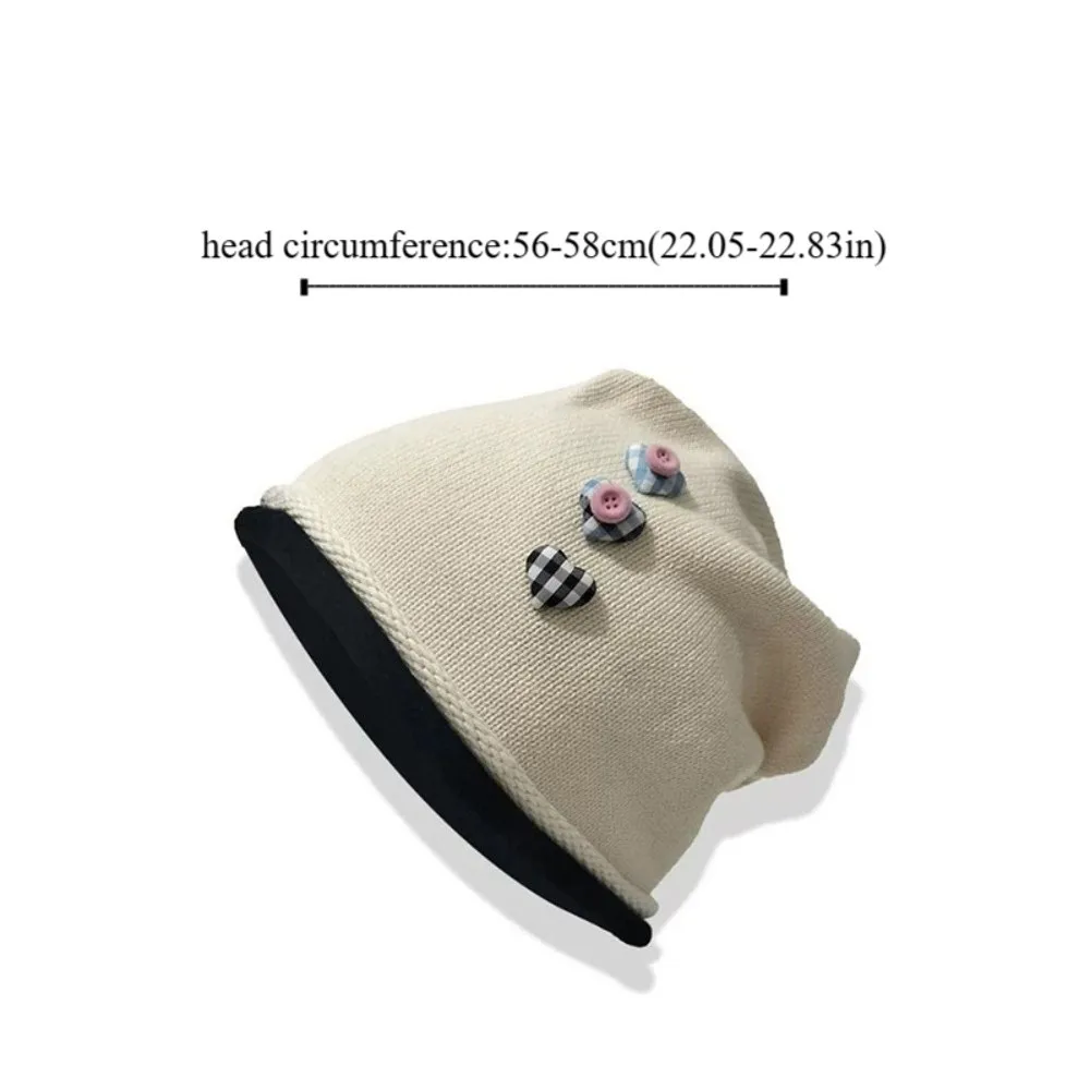 Fashion Vintage Y2k Baggy Cap Curl Brim Heart Button Knitted Beanies Cap Versatile Loose Pullover Hats Spring and Autumn