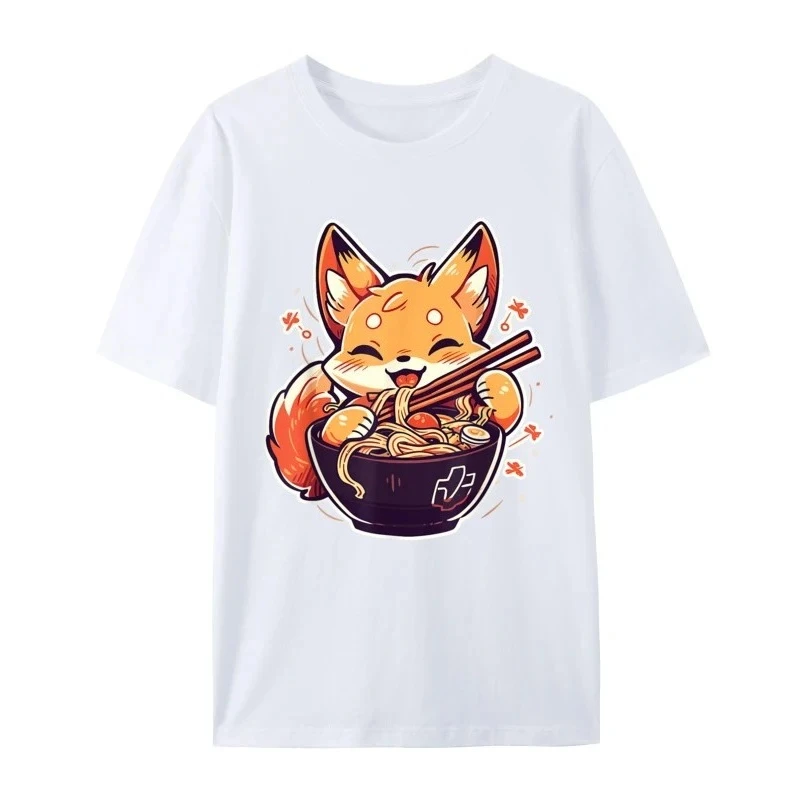 2026 Cute Japanese Kawaii Fox Eating Ramen Teens Tees Print Family Normal Pure WomenT Shirt Normal Clothing Shirt Graphic T Shirts