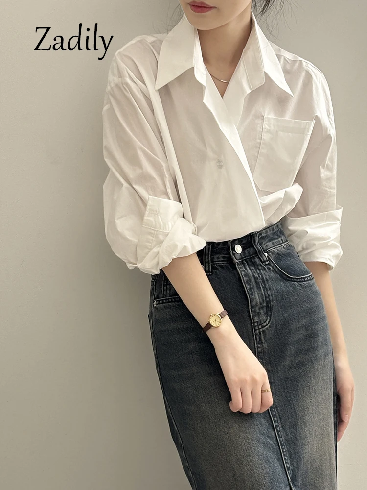 80% Cotton Work Women White Basic Shirt 2024 Summer Oversize Long Sleeve Woman Blouse Asymmetrical Button Up Female Clothing