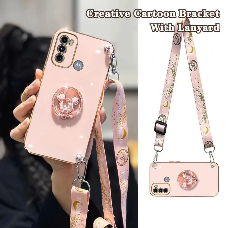 Creative Cute Cartoon Holder Lanyard Plating Phone Case For Motorola Moto G60 G30 G60S G32 G53 G42 G52 G72 G73 G22 G20 G50 Cover
