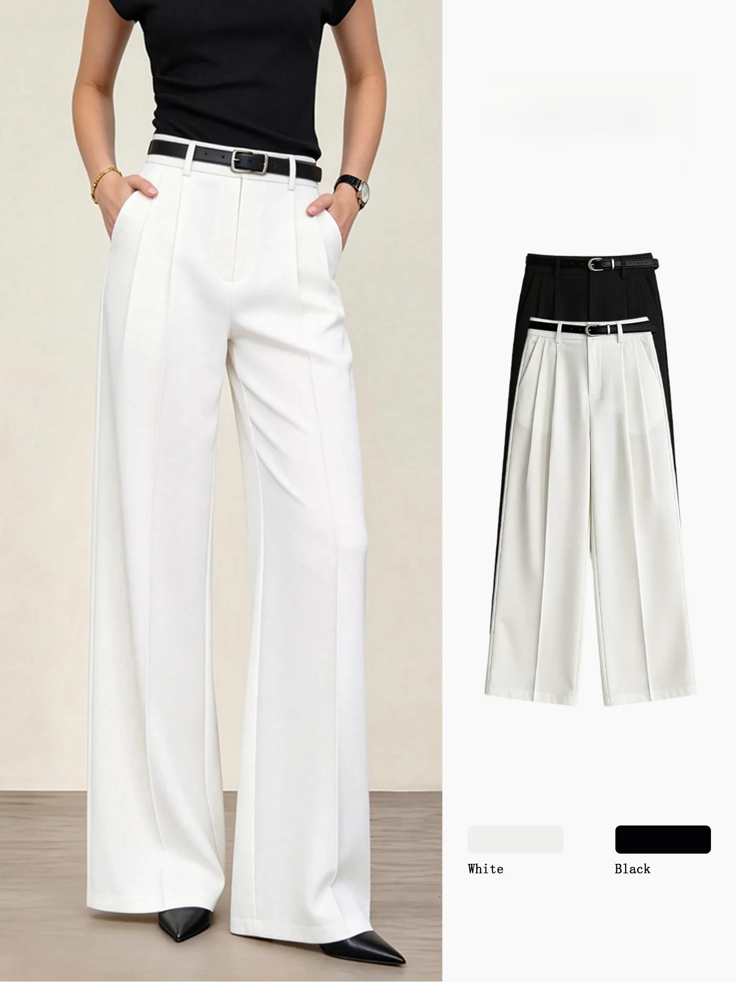 White Wide Leg Suit Pants Women's Summer New High Waist Drape Slimming Small Size Commute Casual Personality Straight Long Pants