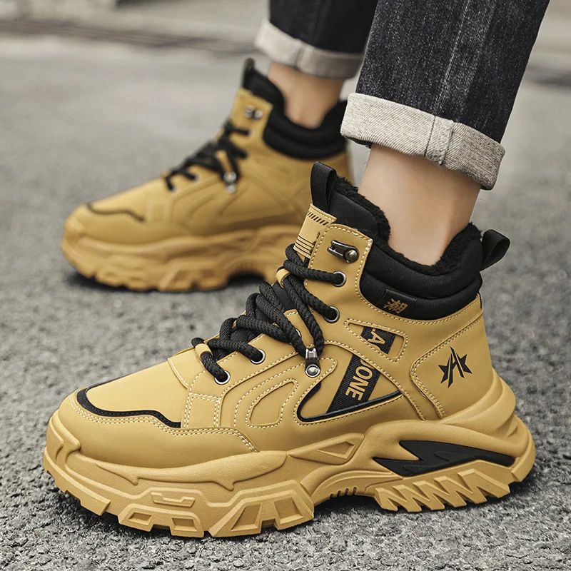 

Winter Velvet Warm High Top Cotton Shoes, Casual and Fashionable Men's Shoes, Height Increasing Outdoor Hiking Shoes Mens Shoes